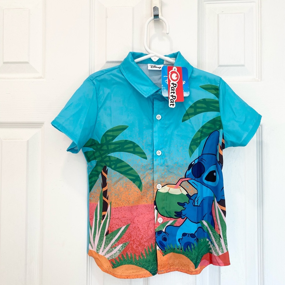 Disney Boy Stitch Coconut Trees Tropical Print Button Down Shirt